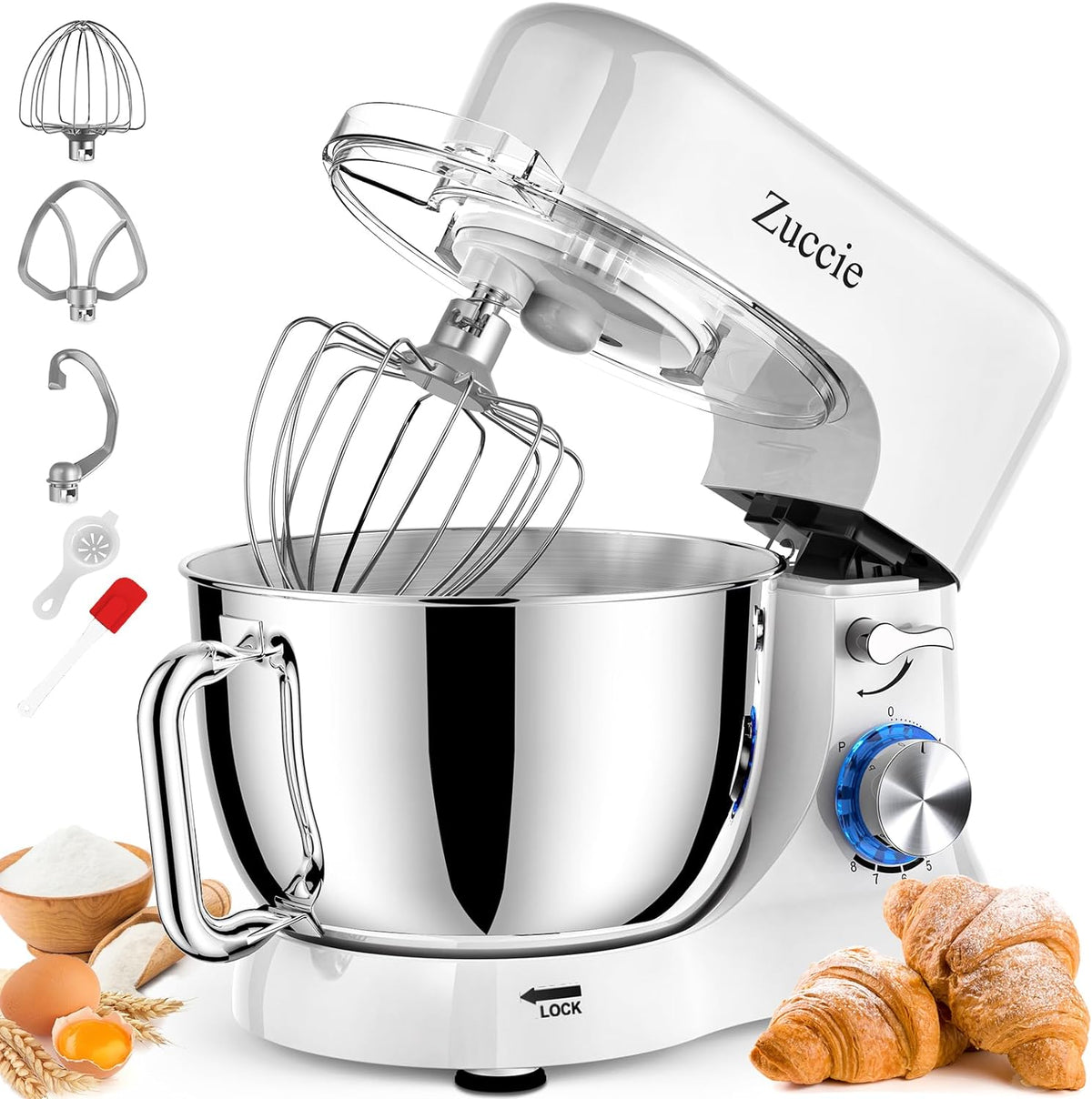 Stand Mixer, Zuccie 4.8QT Kitchen Electric Stand Mixer, 380W Motor Power Food Mixer, 8+P-Speed Dough Mixer with Dough Hook, Wire Whip & Beater, White