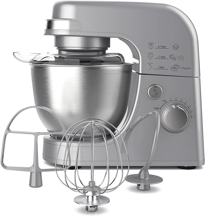 Hamilton Beach Electric Stand Mixer, 4 Quarts, Dough Hook, Flat Beater Attachments, Splash Guard 7 Speeds with Whisk, Silver