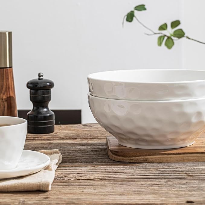 8 Inch Pasta and Salad Bowls, Serving and Soup Bowl Set, Microwave Safe Ceramic Plates, Set of 2, White