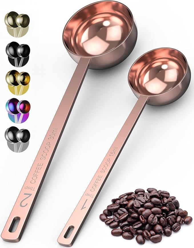 Orblue Premium Coffee Scoop Set - 1 Tbsp (15ml) & 2 Tbsp (30ml) Measuring Tablespoon - Stainless Steel Coffee Measuring Spoon and Scooper with Long Handles - Pack of 2 - Rose Gold