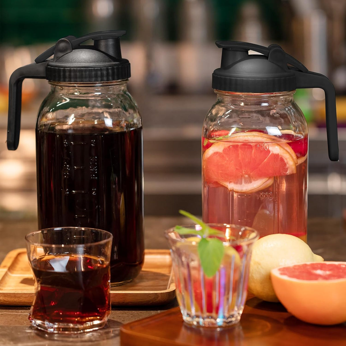 Glass Mason Jars Pitcher 64 Oz Pour Spout Lids & Handle (2 Pack) Wide Mouth Airtight Leak Proof Fridge Breast Milk Pitcher With Top Flip Cap 2 Quart Water Jug For Cold Brew Coffee, Iced Tea,