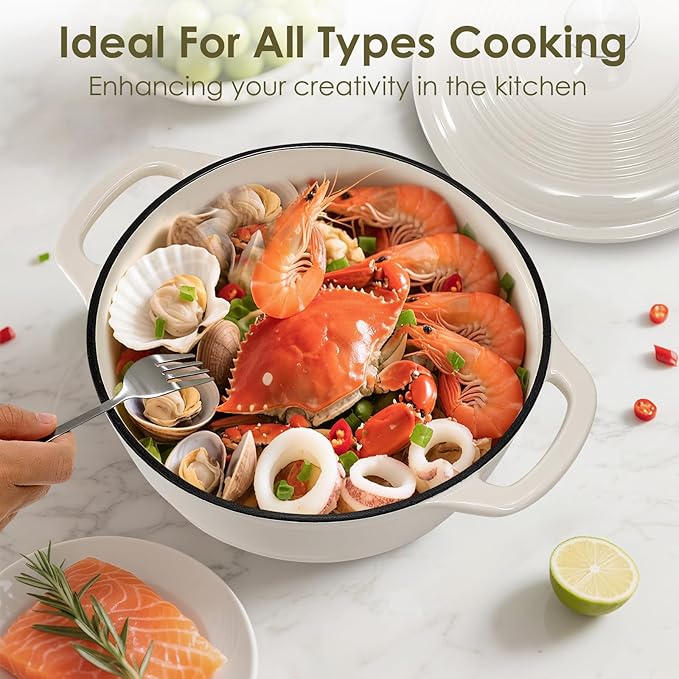 Enameled Cast Iron Dutch Oven Pot With Lid - AIVIKI 5QT Dutch Oven for Bread Baking With Cotton Potholders - Heavy-Duty Cookware for Braising, Stew, Roasting, Oven Safe up to 500°F, Cream White