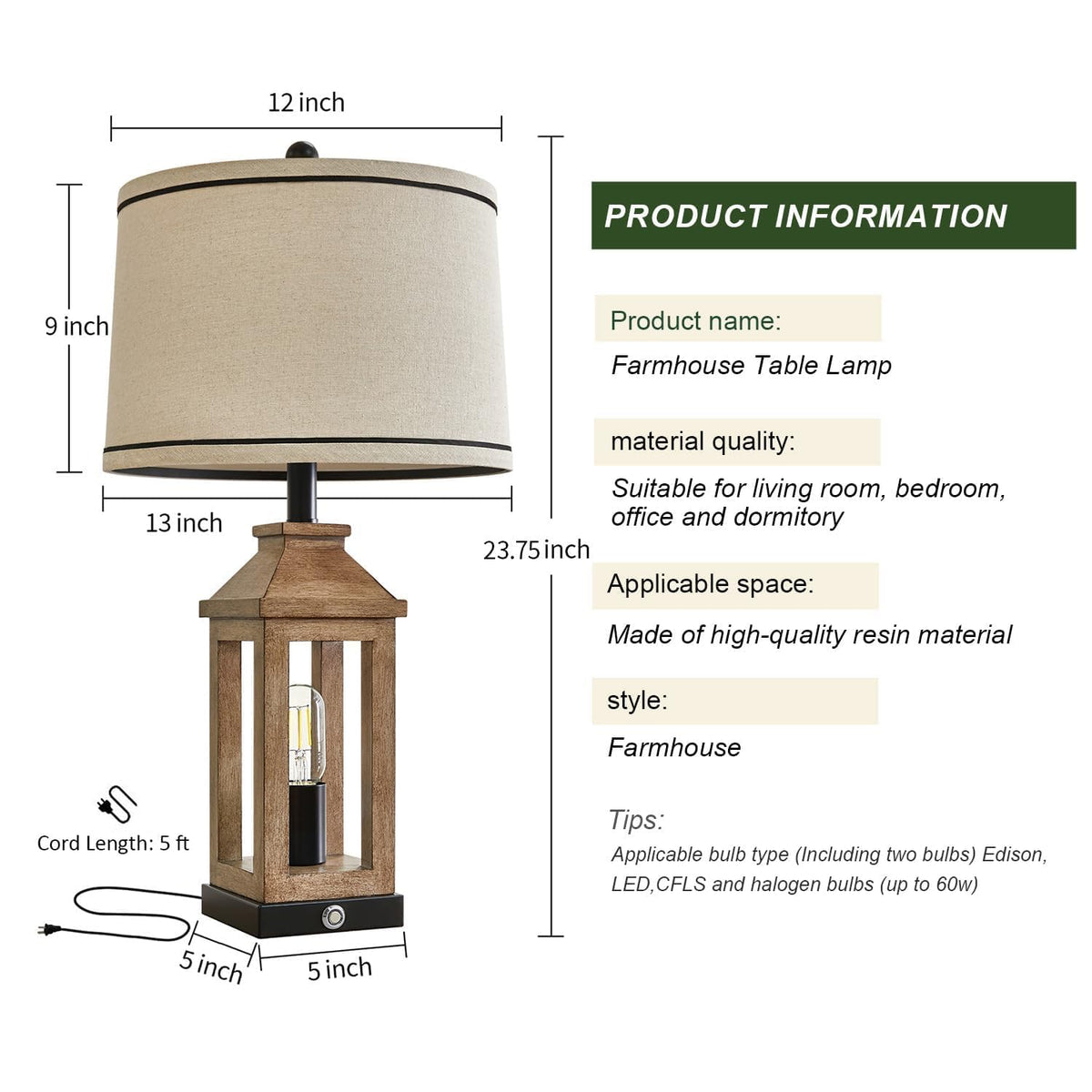 G-SAFAVA 23.75" Farmhouse Table Lamps USB A+C Charging Ports 3-Way Dimmable