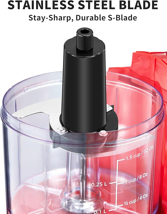 1.5-Cup One-Touch Electric Food Chopper, 100W Mini Food Processor Meat Grinder, Mix, Chop, Mince and Blend Vegetables, Fruits, Nuts, Meats, Stainless Steel Blade (Red)