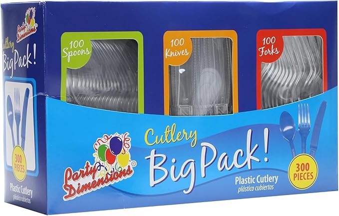 Party Dimensions 300 Count Plastic Cutlery Combo Box, Disposable Clear Plastic Silverware Utensils Set, 100 Forks, 100 spoons, 100 knives