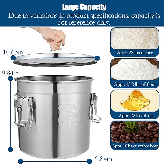 304 Stainless Steel Airtight Canister, 3.17Gal/405oz/12L Airtight Food Storage Container with Lid Lock Clips, Flour Container Metal Bucket Food Storage Container for Rice, Flour, Grain, Coffee Bean