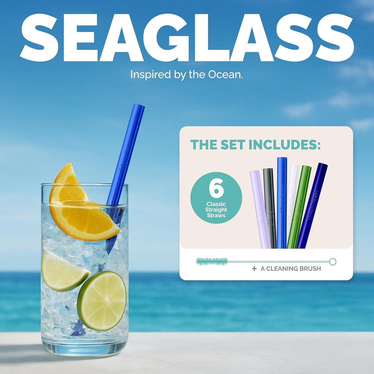 Simply Straws 10 Inch Glass Straws Straight (6-Pack) – Reusable Glass Straws for 24 Oz Mason Jars & Tumblers, with Cleaning Brush – Durable, Dishwasher Safe, Hot & Cold Use, BPA-Free (Seaglass)