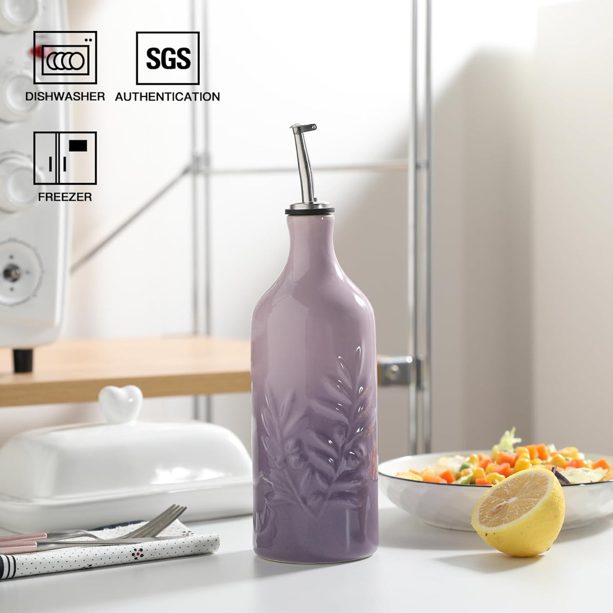 Sweejar Ceramic Olive Oil Dispenser Bottle, 20 Oz Relief Opaque Oil Cruet Protects To Reduce Oxidation, Suitable for Storage Soy Sauce, Coffee Syrup, Liquids, Set of 1 (Gradient Purple)