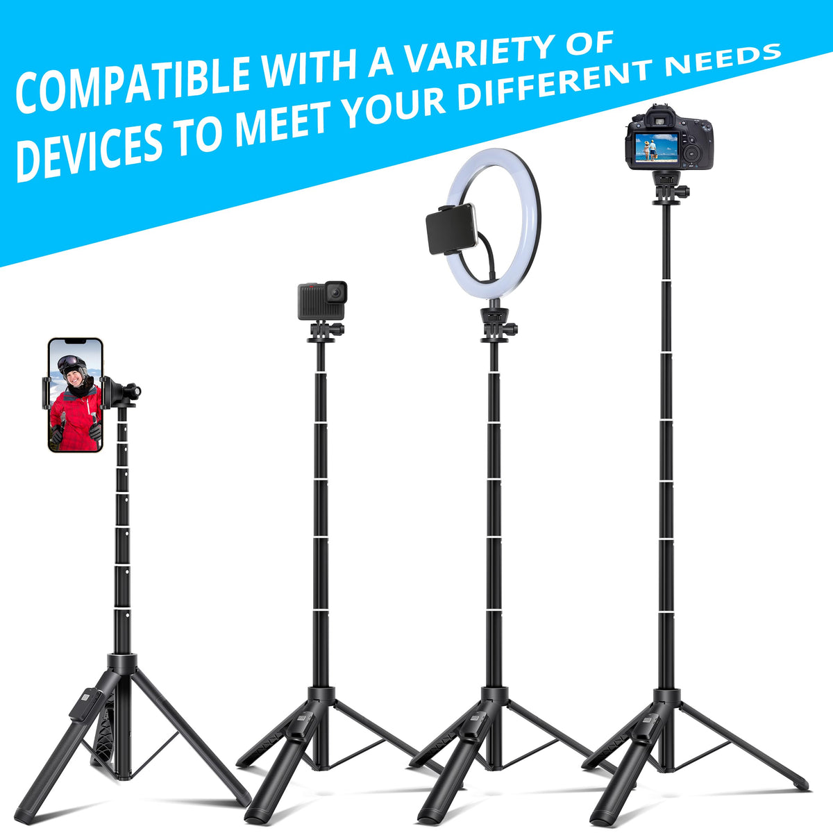 BZE 62 inches Extendable Selfie Stick Tripod with Wireless Remote & Phone Holder, Portable Aluminum Alloy 3 in 1 Stand for Group Photos, Vlogging & Travel Compatible with All Smartphones