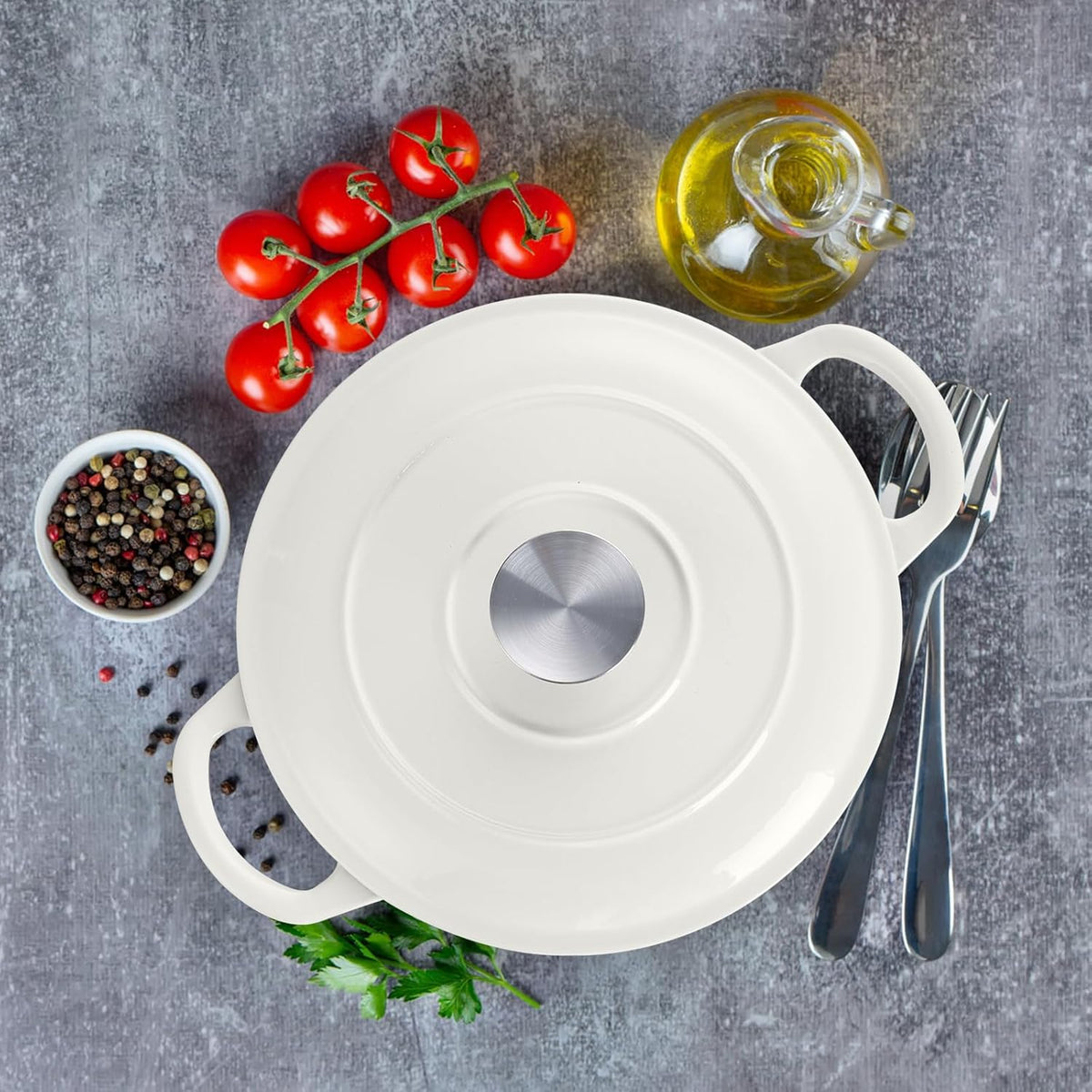 3 Qt Enameled Cast Iron Dutch Oven with Lid, E-far Small Round Nonstick Dutch Oven Pot for Bread Baking Braising Stews Roasting Cooking, Heavy Duty, Induction & Oven Safe - White