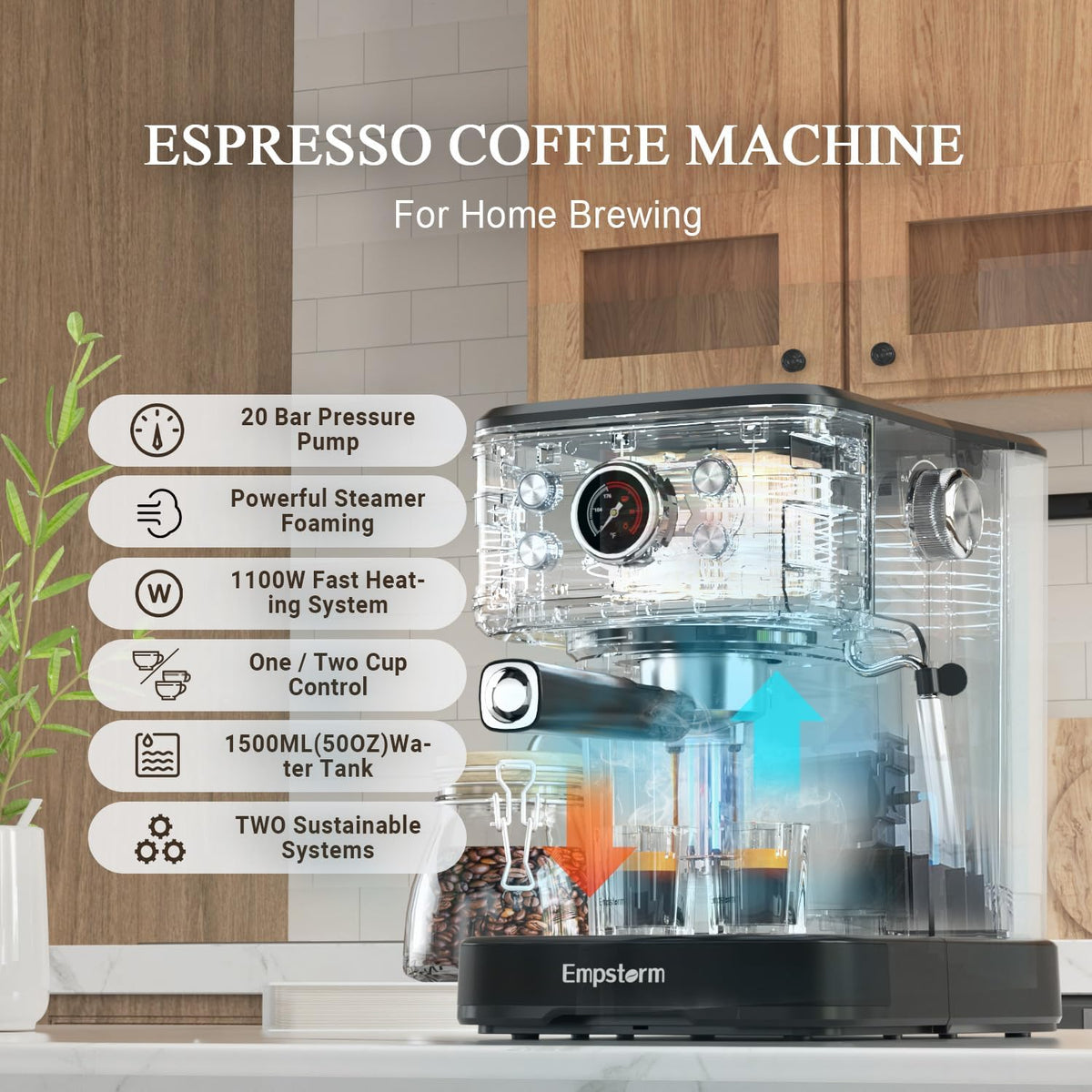 Espresso Machine Latte Coffee Makers 20 Bar, 2 IN 1 Professional Cappuccino Machine and Milk Frother Steam Wand Compatible for NS Original Capsules for Home Brewing - Black