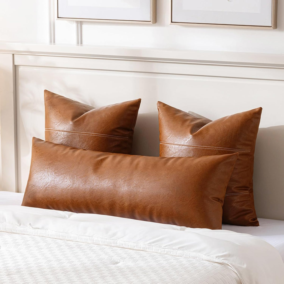 Fancy Homi Brown Boho Long Lumbar Faux Leather Body Decorative Throw Pillow Cover 14x40 Inch for Bedroom Couch Bed Sofa Bench, Thick Stylish Solid Square PillowCase, Rustic Modern Farmhouse Room Decor