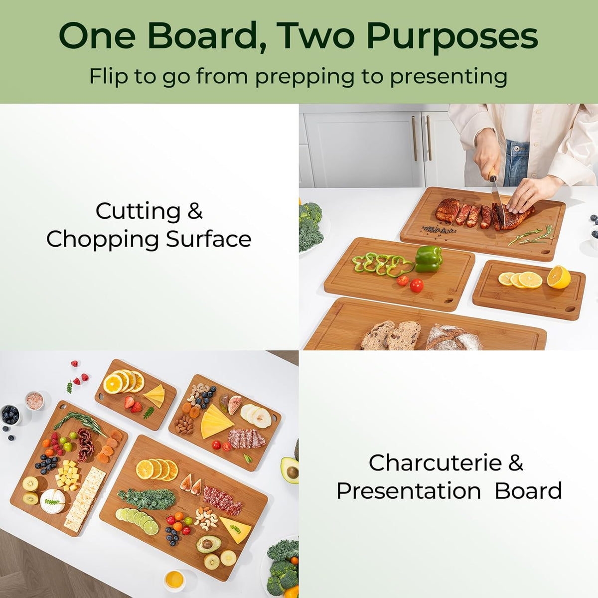 Wood Cutting Board, Carbonized Bamboo Cutting Boards Set With Smooth Surface & Easy Storage For Busy Kitchens, Ideal Charcuterie & Chopping, Durable, Knife-Friendly (4Pcs)