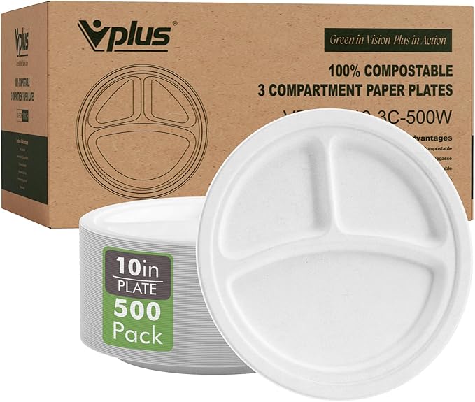 Vplus 100% Compostable Paper Plates, 500 Pack 10 Inch 3 Compartment Plates Disposable, Heavy Duty Biodegradable, Made of Sugar Cane Fibers, for Daily meals, Dinner, Parties, BBQ