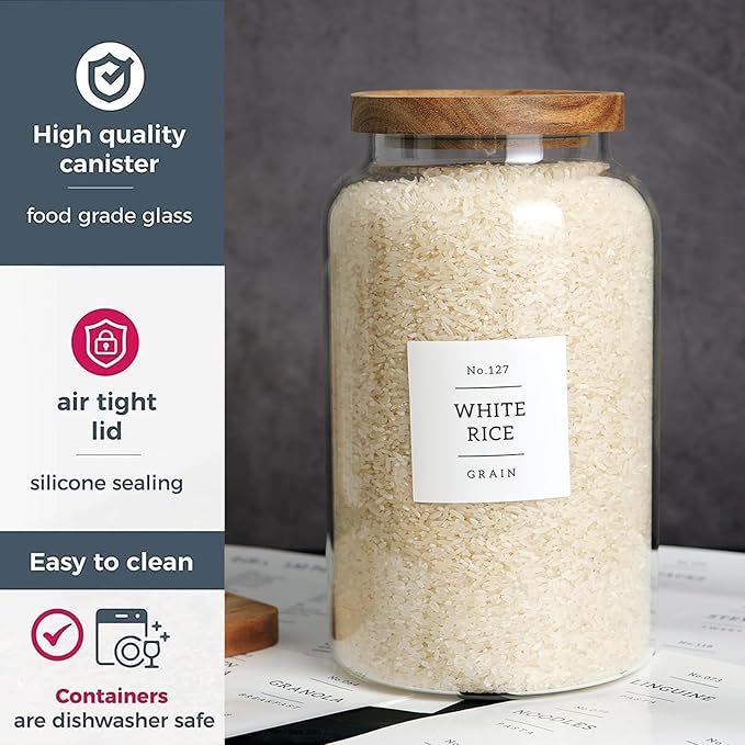 CZHQSMZ Set of 2 Large Glass Jar with Airtight Acacia Lid and 132 Kitchen Pantry Labels, Clear Glass Food Storage Jars Containers for Rice Flour Pasta Sugar Coffee Cookie and More(98 Fl Oz/2800 Ml)