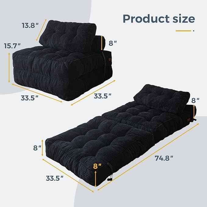 MAXYOYO Folding Sofa Bed, Convertible Sleeper Chair with Pillow Foldable Mattress with Back Support, Portable Fold Out Chair Bed Comfy Floor Sofa Lounge for Living Room Bedroom, Black, Single