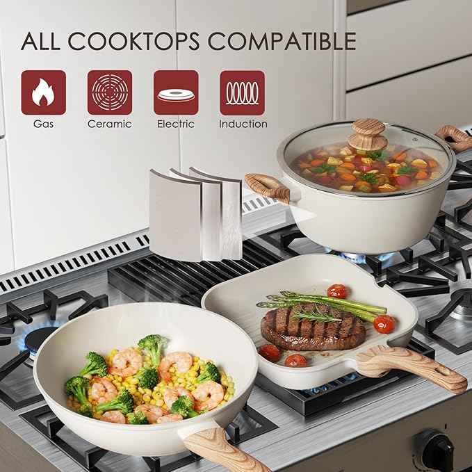 Kikcoin Pots and Pans Set Non Stick 31 Piece Kitchen Nonstick Cooking Cookware Sets with Grill Pan Saucepan Baking Sheet Utensil, Cream White