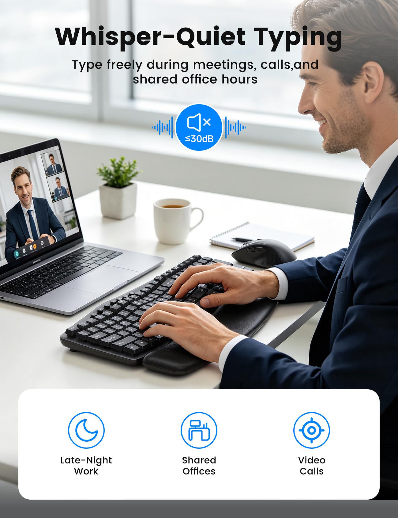 SABLUTE Wireless Keyboard and Mouse Combo, Ergonomic Wave, 30dB Quiet, MA41