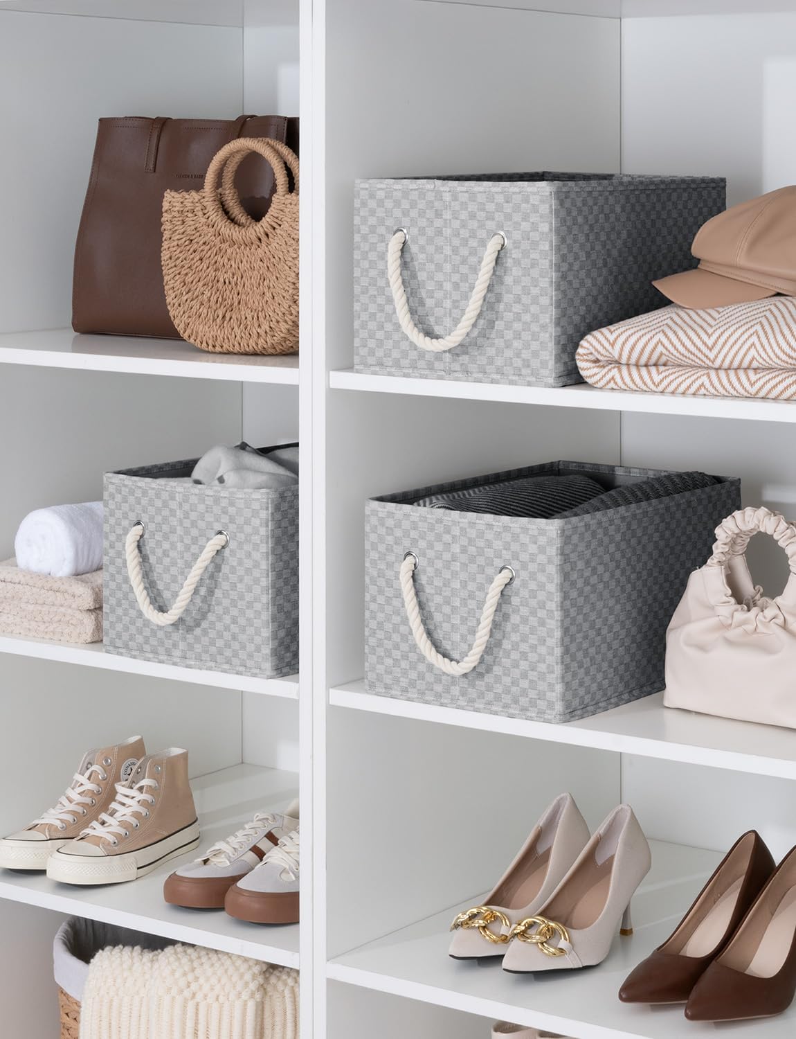 StorageWorks Storage Baskets for Shelves, Foldable Fabric Closet Storage Bins with Handles, Fabric Storage Bins Clothes Organizer, Gray Check, 3-Pack, Large