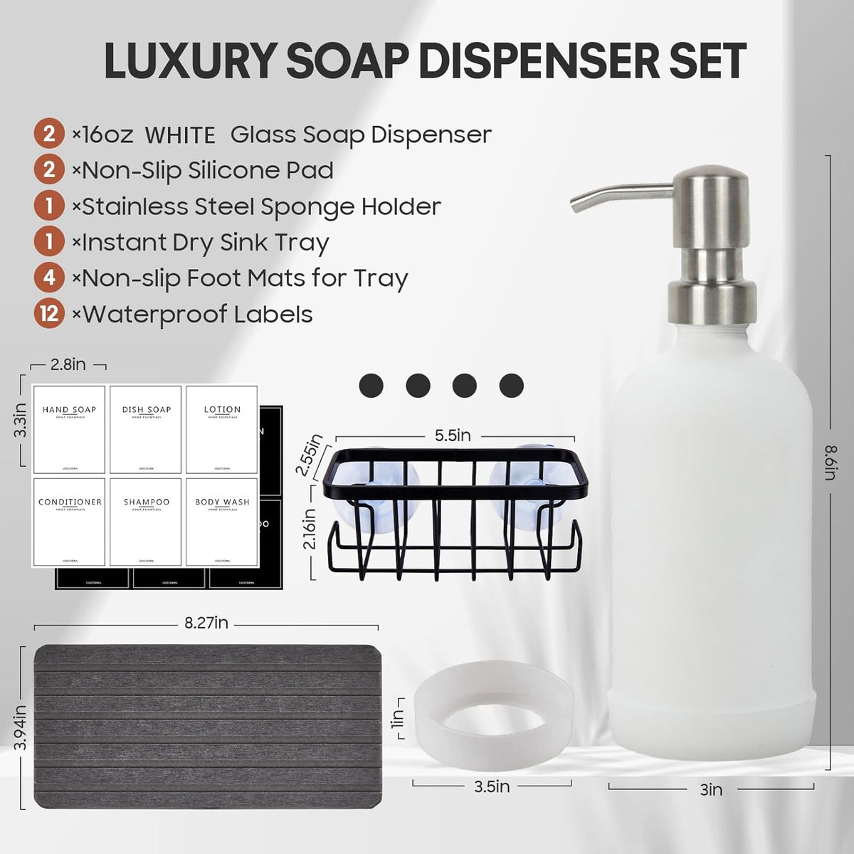 Kitchen Soap Dispenser Set with Instant Dry Tray & Sponge Holder,16 Oz Hand and Dish Soap White Glass Dispenser Set,Stainless Steel Pump,Waterproof Labels,Luxury Soap Bottle for Bathroom