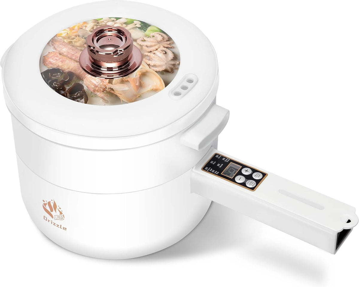 Drizzle Electric Hot Pot Cooker Steamer 1.8L Multifunctional Nonstick Pan Dormitory Office Portable Ramen Cooker Steamer Boil Dry Protection Suitable For Noodles Steak Cooker Eggs StirFrying