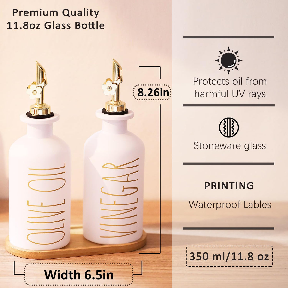 HOMCDALY Premium Olive Oil Dispenser for Kitchen, 11.8oz Glass Oil Bottles with Bamboo Tray, White and Gold Oil&Vinegar Cruet Set, Kitchen Dispenser Bottles with Pourer| Set of 2 (11.8oz –P–Gold)