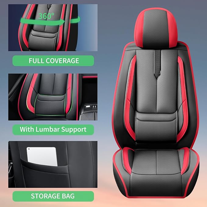 Fit HRV Car Seat Covers for Honda HR-V 2016-2024 2025 2026 - Upgraded Premium Waterproof & Breathable Leather, Airbag Compatible, All-Weather Seat Cushion Protector (2 Front/Black-Red)