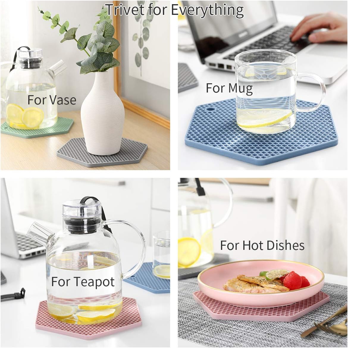 4 Packed Silicone Trivet Mats - DIY Different Size Dish Drying Mat, Hot Pot Holder for Pots & Pans, Non-Slip & Heat Resistant Kitchen Hot Pads for Countertops & Table, Black