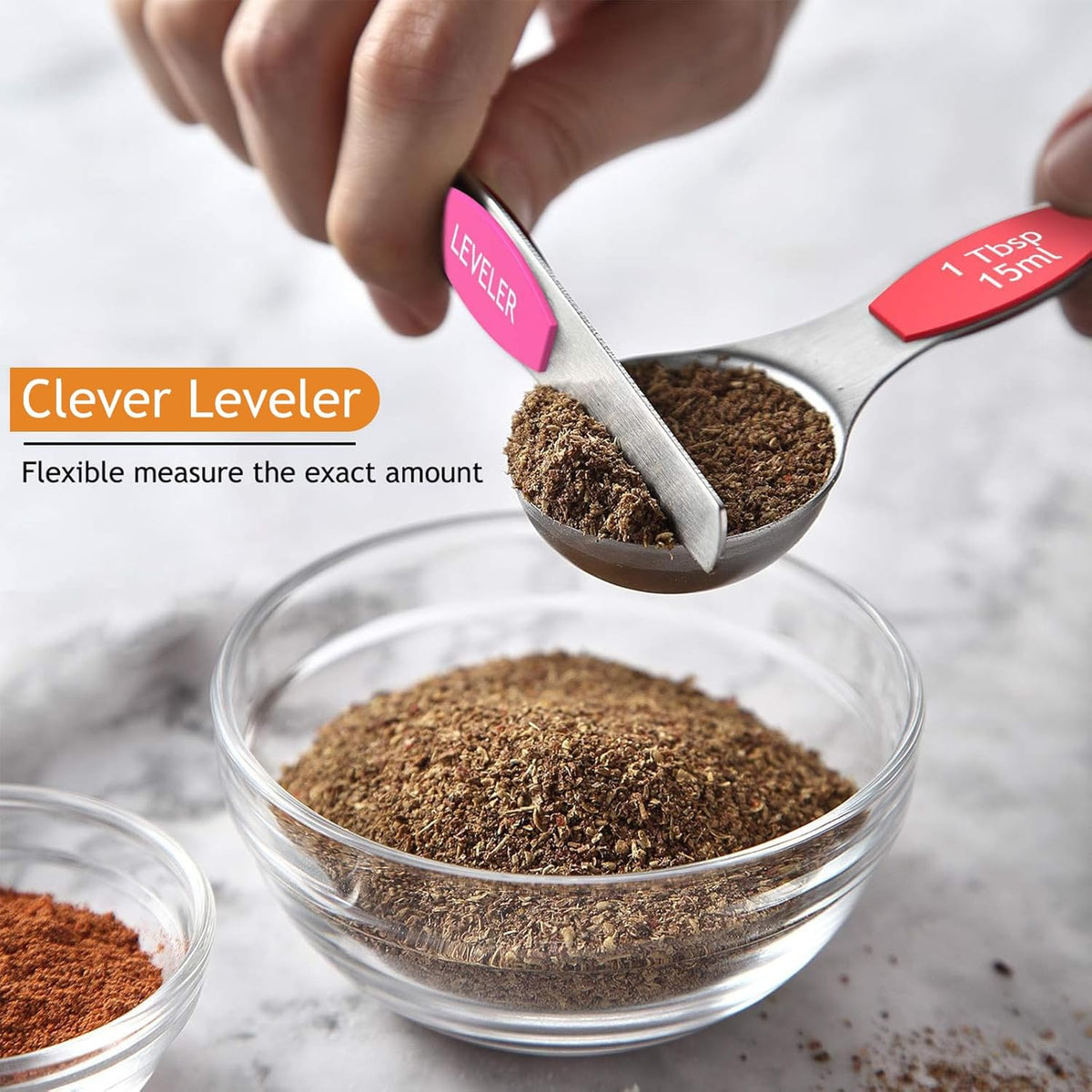 Magnetic Measuring Spoons Set - Wildone Stainless Steel Double Sided Measuring Spoons Set of 7, for Dry and Liquid Ingredients, including 6 Heavy Duty Nesting Spoons, 1 Leveler, Fits in Spice Jar