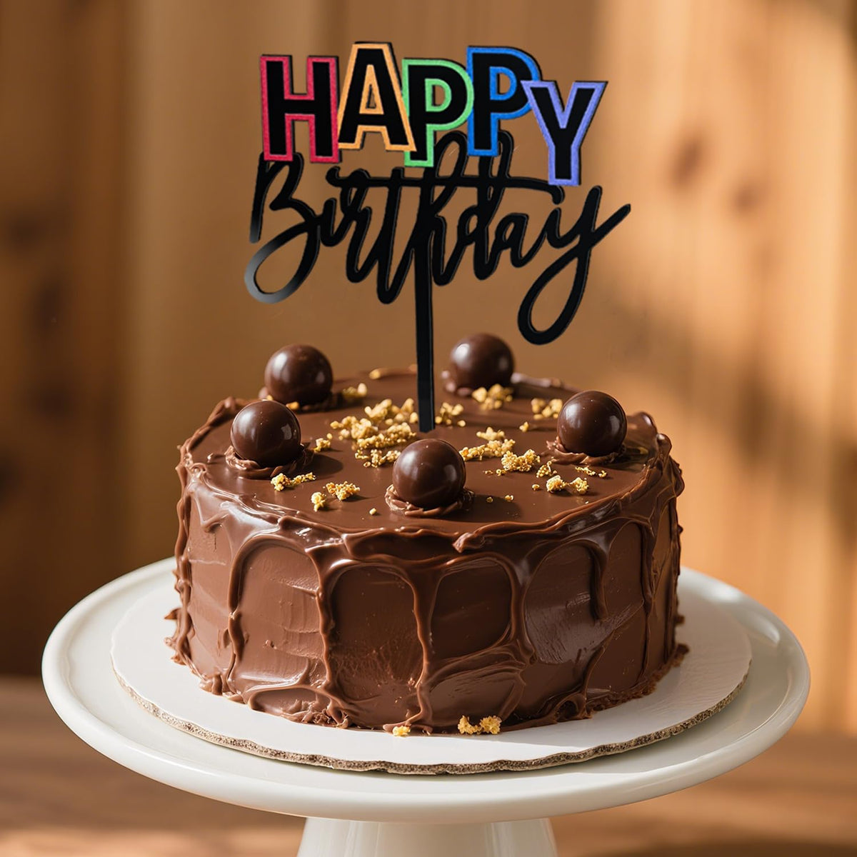 Acrylic Black Happy Birthday Cake Topper, 7.5" x 6" Rainbow Birthday Cake Decoration (Black)