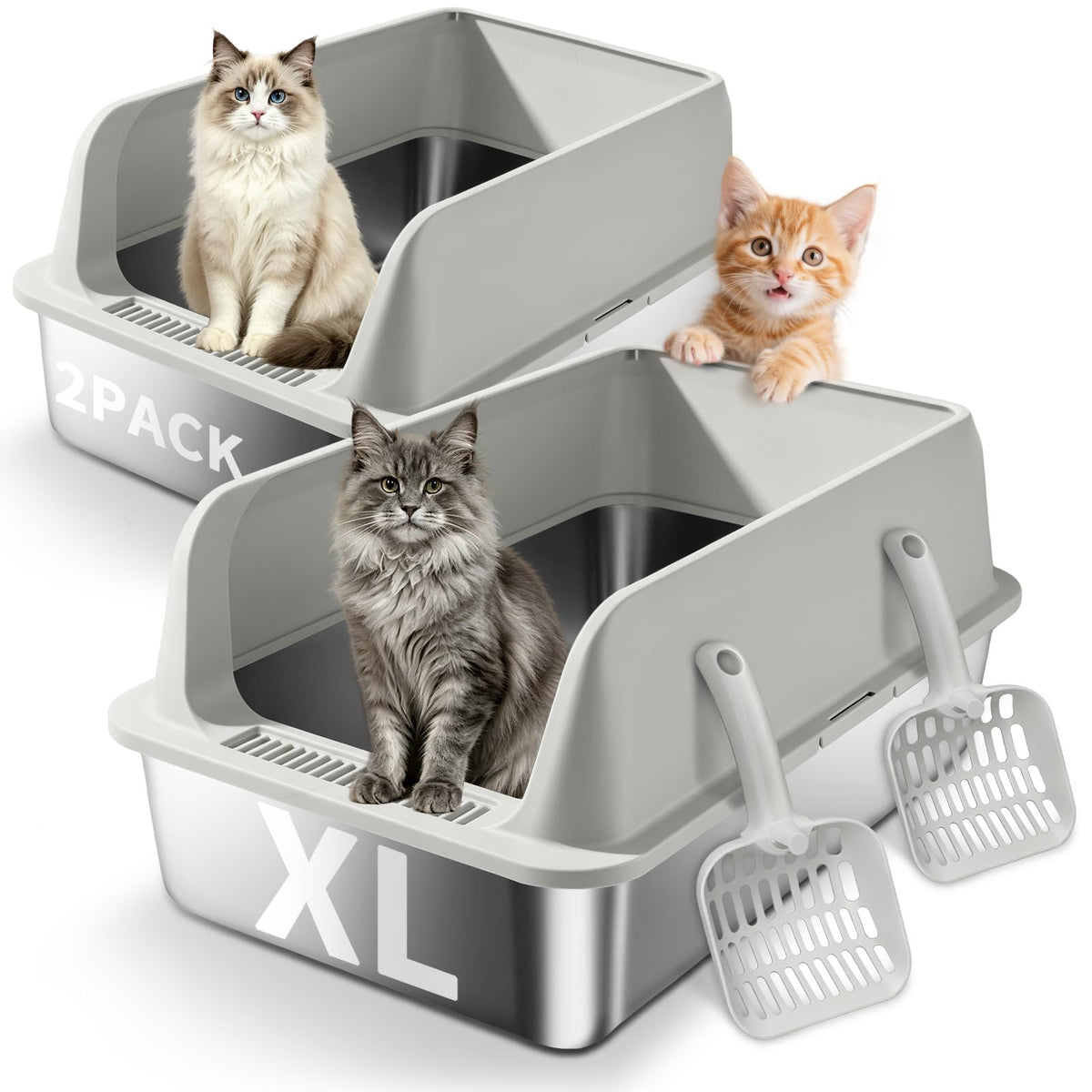 Camvivid Stainless Steel Cat Litter Box 2 Pack - High Side Pan with Anti-Tracking Step,Rolled Edge & Leak-Proof Base,Cover,Scoop,Anti-Slip Pads,Easy Clean Toilet for Senior Large Indoor Cat Gray