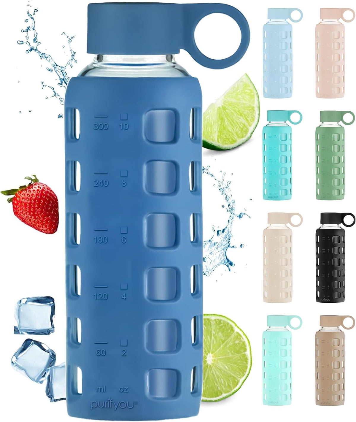 purifyou 40oz / 32oz / 22oz / 12oz Borosilicate Glass Water Bottle with Time & Volume Markers, Silicone Sleeve, Stainless Steel Lid – Reusable Glass Bottle for Water & Juice (12oz Chinese Porcelain)