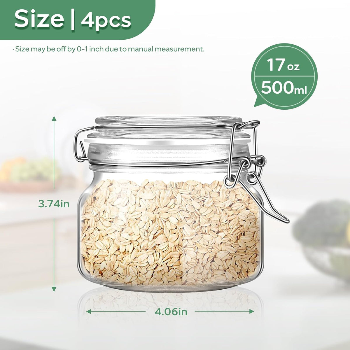 Glass Food Storage Jars with Airtight Lids 17 oz Square 4 Pack Kitchen Storage Containers Cabinet Canisters Sealed Pot Canning for Pasta, Cereal, Coffee, Beans, Spice