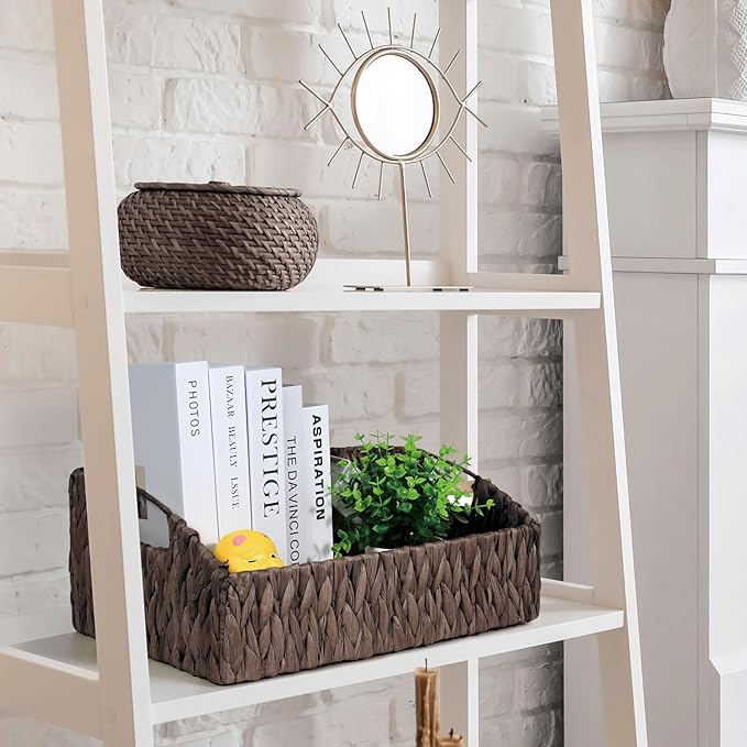 Ollieroo Natural Water Hyacinth Storage Baskets, Handwoven Wicker Storage Bins with Built-in Handles, Storage Container Baskets for Shelves, Bedroom, Bathroom, Laundry Room or Kitchen(Black)