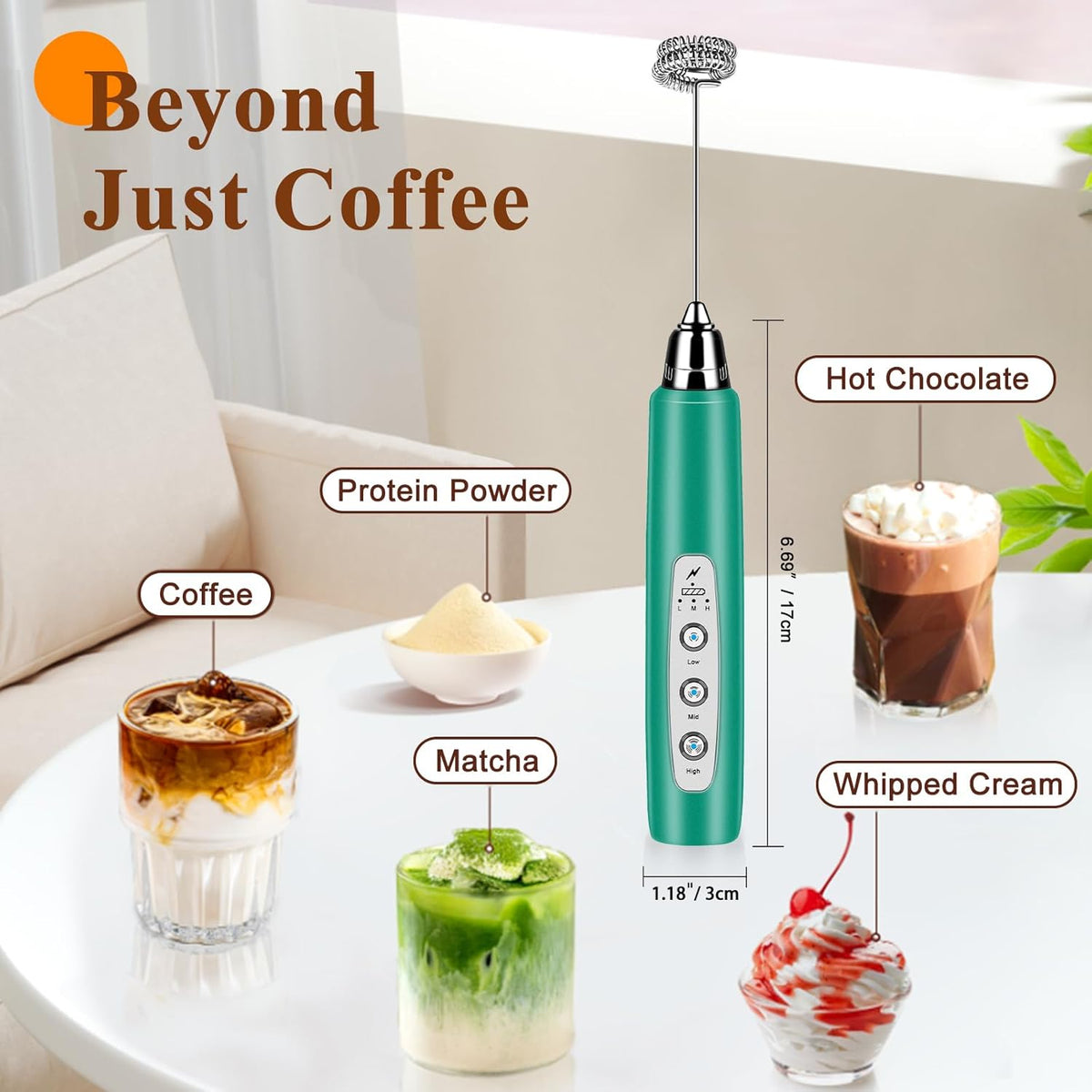 Milk Frother Handheld Rechargeable, Frother Wand Drink Mixer Electric Whisk for Coffee, Detachable With 3 Stainless Whisks, Hand Mixer for Lattes, Cappuccino, Matcha, Egg, No Stand, Green