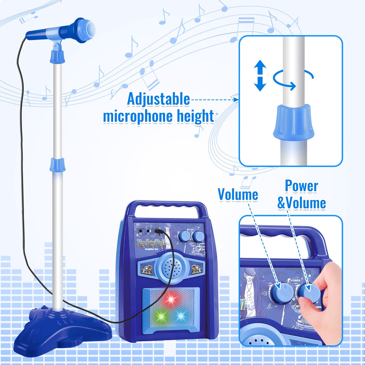 deAO Musical Guitar Play Set,Adjustable Height Microphone,Amplifier Set with Stand,Music Light Karaoke Music Toys Birthday for Kids Boys Girls