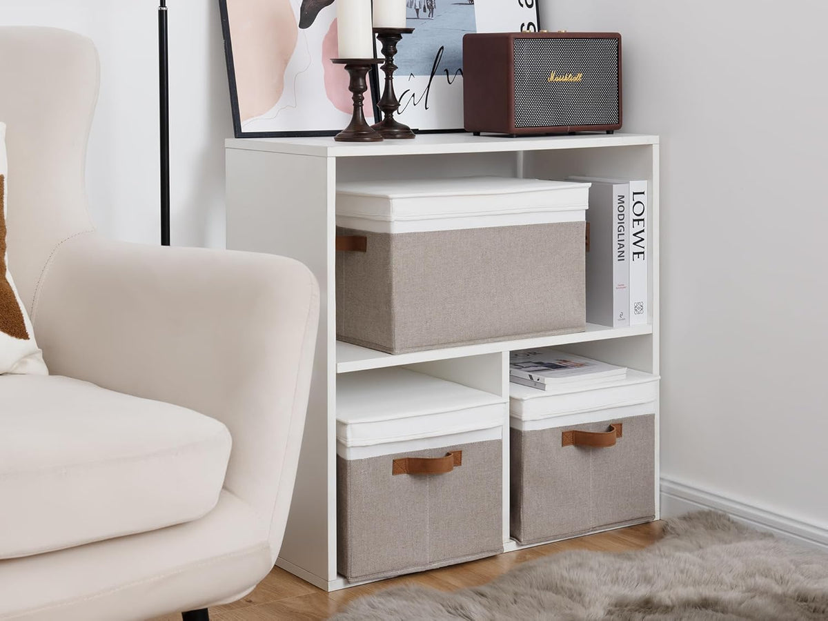 StorageWorks Storage Bins with Lids, Decorative Storage Boxes with Lid and PU Handles, Foldable Storage Baskets for Closet, Shelves, Stackable, Brown and White, Jumbo, 3-Pack