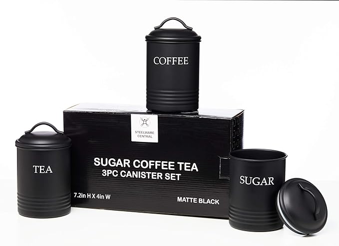 Kitchen Canister Set of 3 Sugar Coffee Tea with lids Food Storage, Black