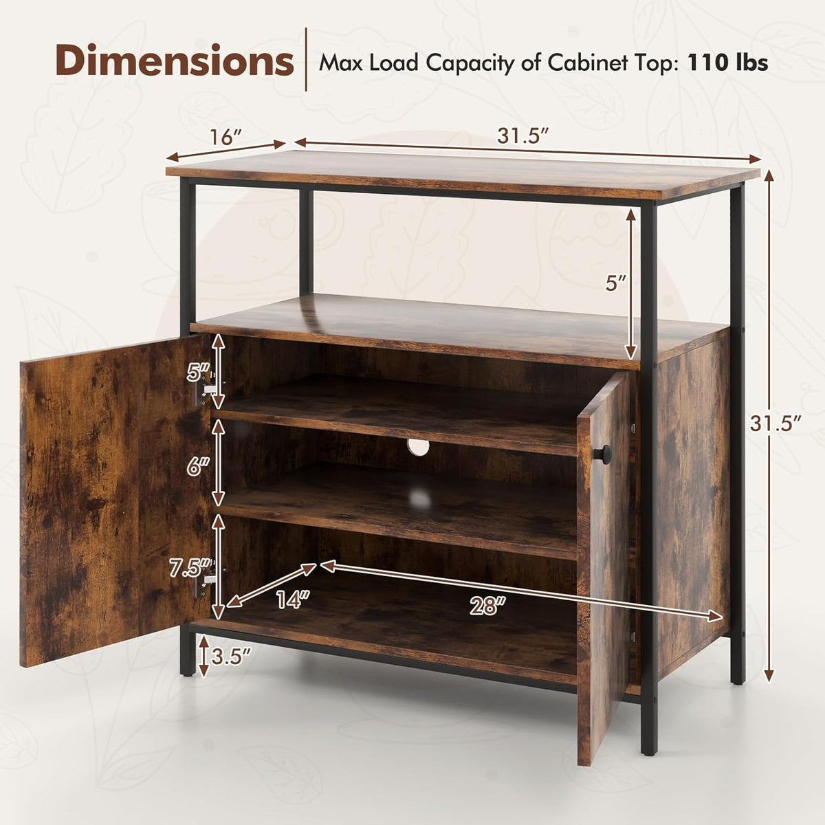 Buffet Cabinet, Industrial Storage Cabinet with Doors and Shelves, Wood Buffets & Sideboards, Farmhouse Coffee Bar, Rustic Console Table for Kitchen, Dining Living Room, Entryway