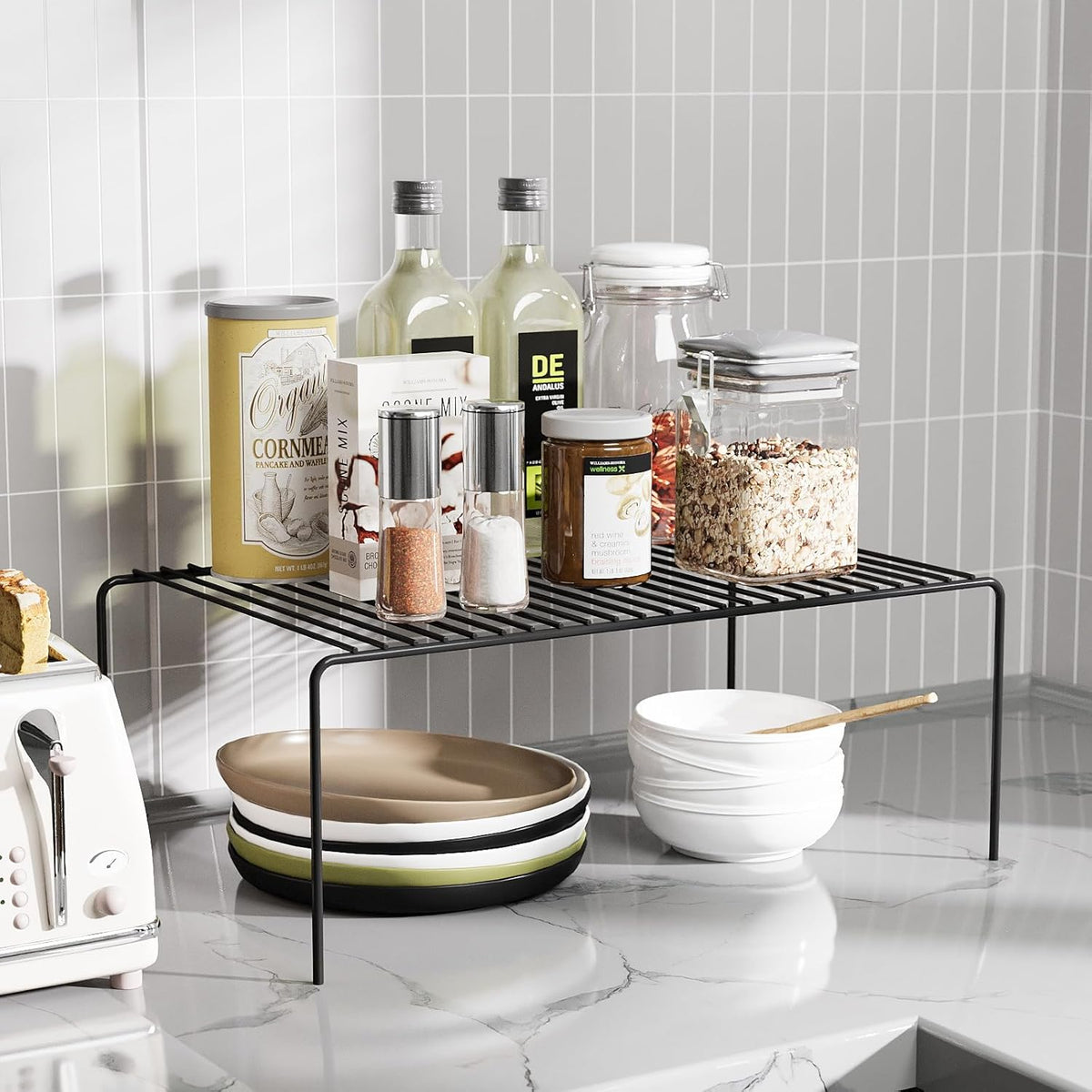 Medium(13 x 9.4 inch)Black Cabinet Storage Shelf Rack Set of 2, Rustproof Metal Wire Kitchen Counter Organizers and Storage, Spice Organization for Cabinet, Plate, Dish, Pantry, Bathroom, Fridge