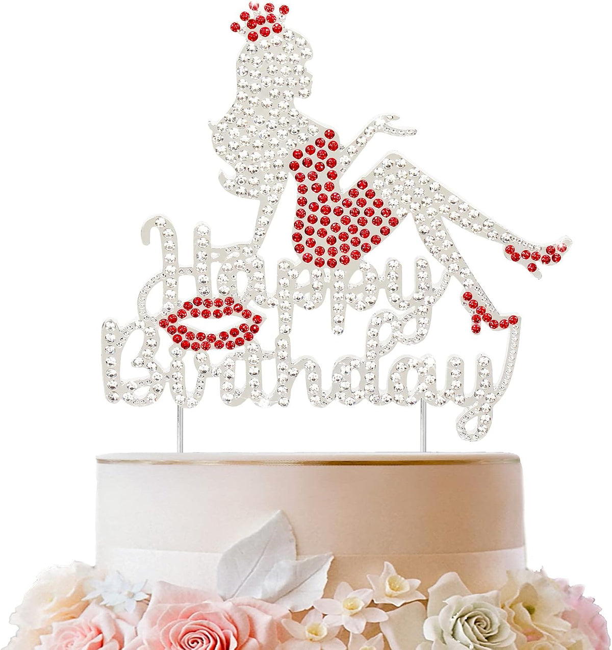 LINGTEER Happy Birthday Crown Queen Lady Rhinestone Cake Topper - Cheers to Makeup Spa Birthday Party Cake Centerpieces Decorations Gift Sign - Red.