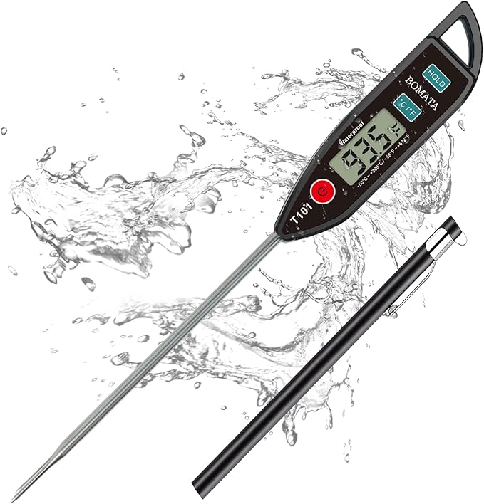 BOMATA Digital Water Thermometer for Water, Liquid, Candle and Cooking. Instant Read Food Thermometer Waterproof IPX7 with Long Probe for Cooking, Meat, BBQ! T101 (Black Color)…