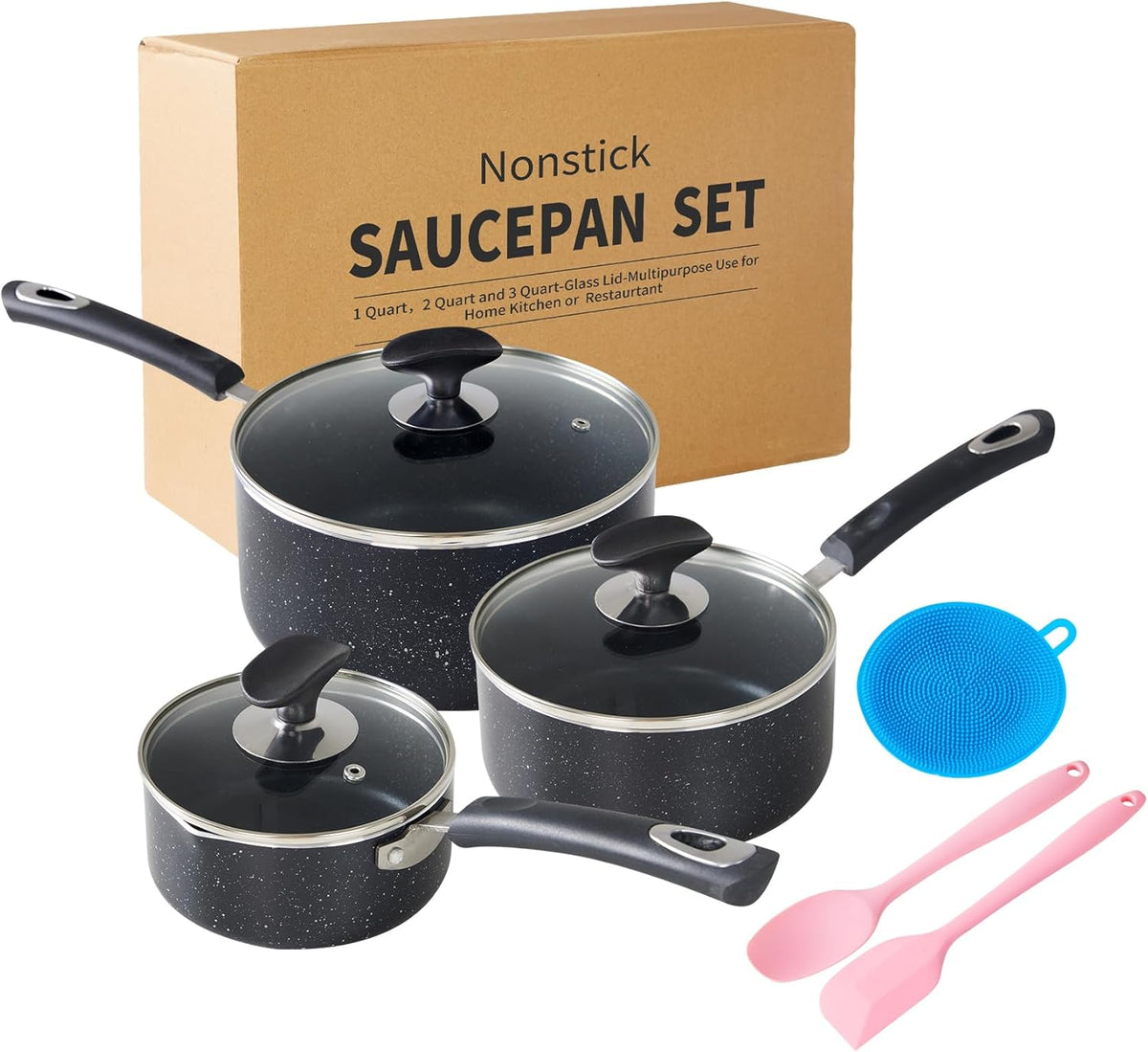 Nonstick Saucepan with Lid, Non Stick 1Qt & 2Qt & 3Qt Sauce Pan Set with Silicone Handle,Small Milk Pot with Glass Lid for Home Kitchen
