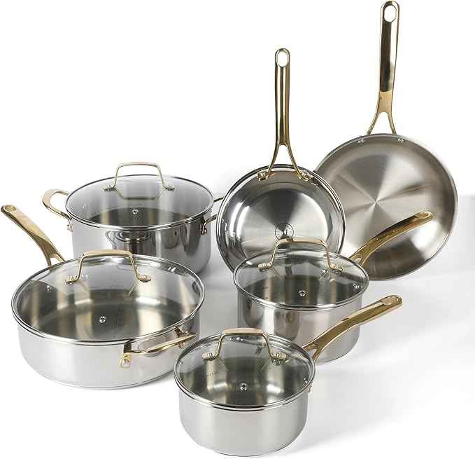 Martha Stewart Castelle 10 Piece 18/8 Durable Stainless Steel Induction Safe Pots and Pans Non-Toxic Kitchen Cookware Set - Gold Handles - Dishwasher Safe