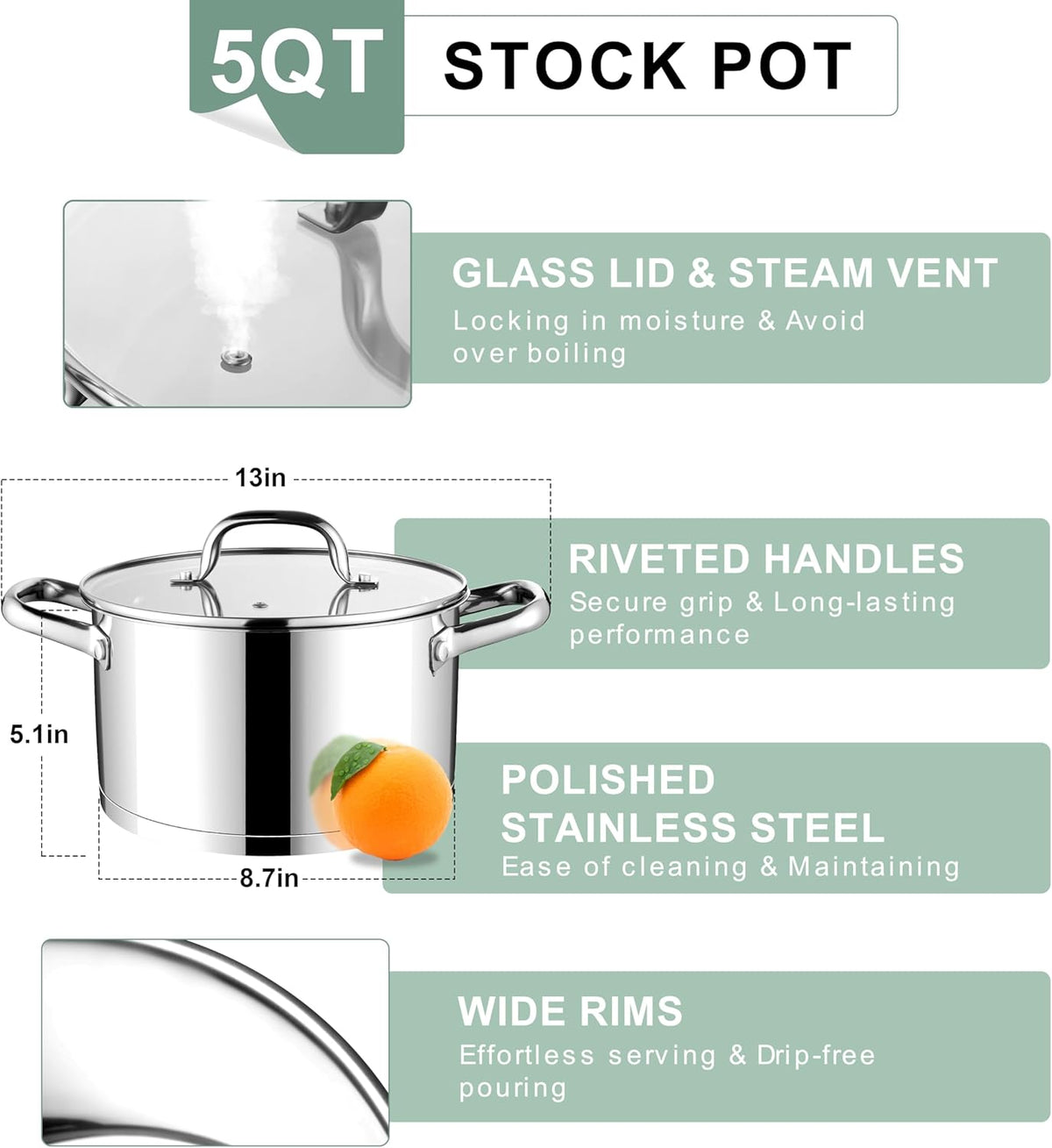 E-far Stainless Steel Stockpot, 5 Quart Pot with Glass Lid for Soup Pasta, Induction Nontoxic Cooking Pot for All Stoves, Thick Tri-Ply Bottom & Double Riveted Handle, Oven & Dishwasher Safe