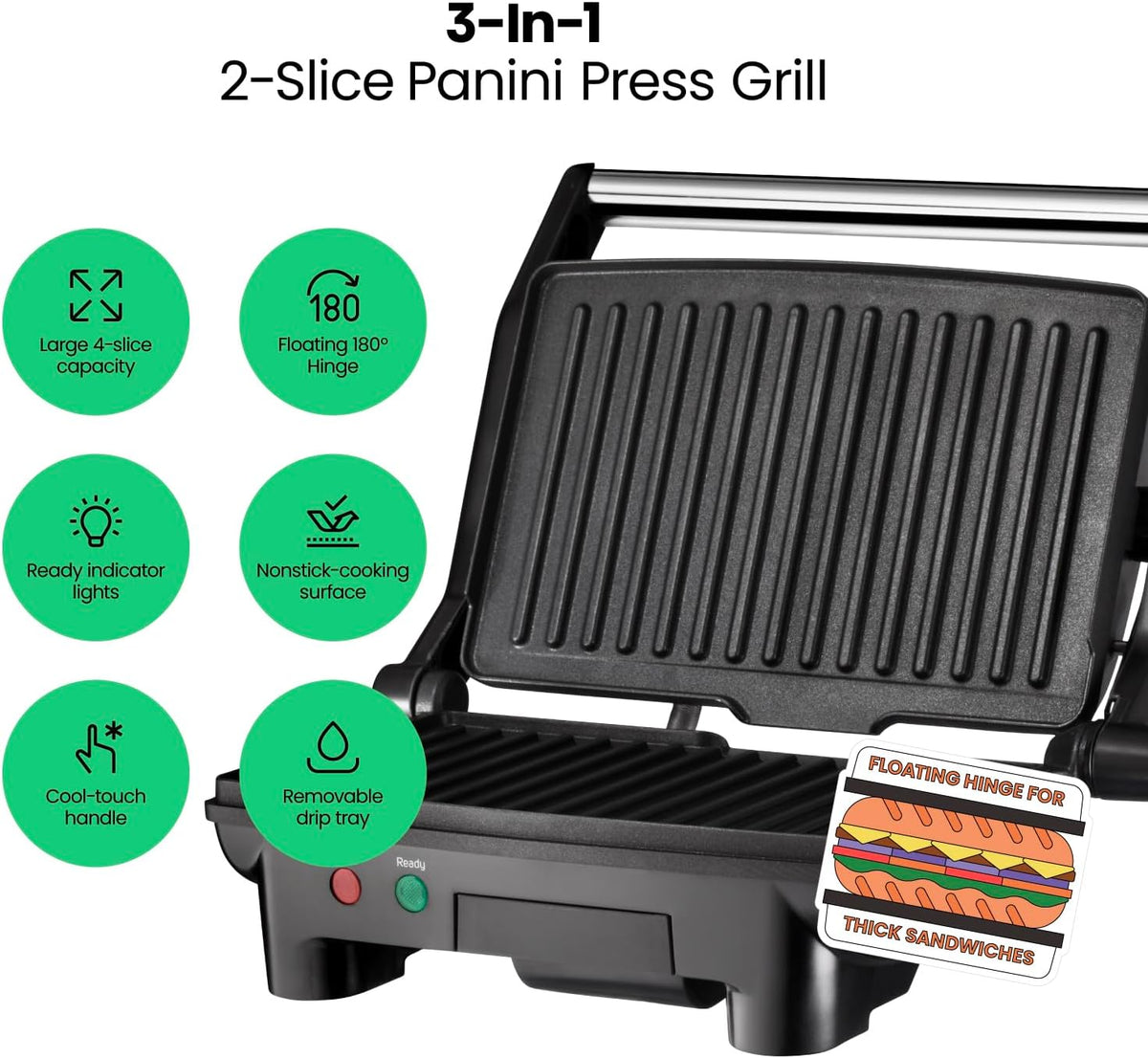 Chefman Electric Panini Press Grill and Gourmet Sandwich Maker w/ Non-Stick Coated Plates, Opens 180 Degrees to Fit Any Type or Size Food, Dishwasher Safe Removable Drip Tray, Stainless Steel/Black