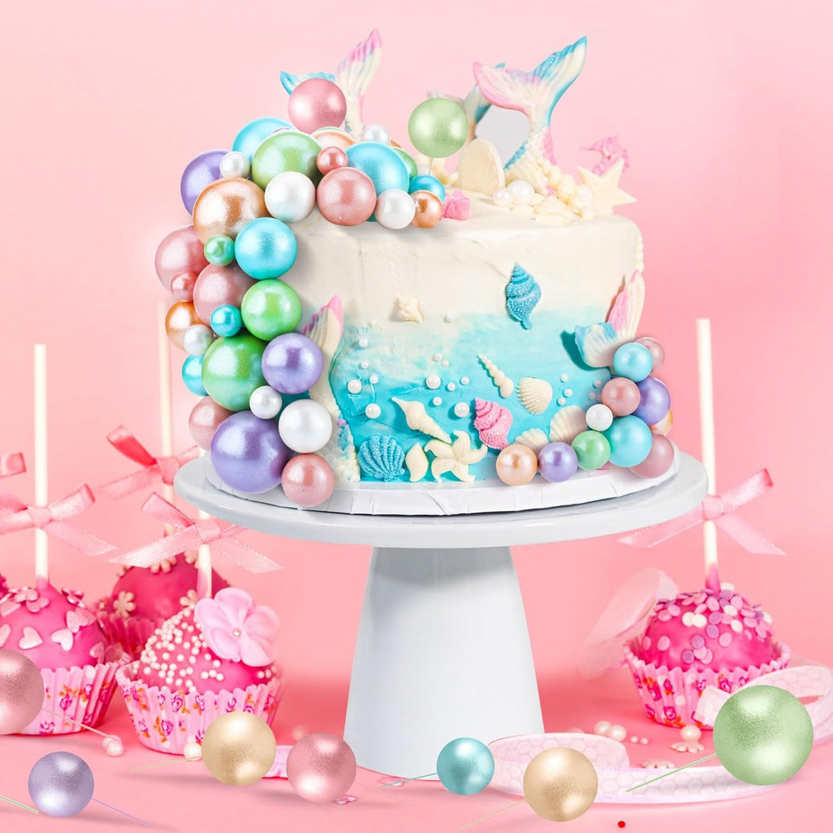 108 Pcs Balls Cake Topper DIY Cupcake Insert Foam Balloons for Cake Baking Wedding Anniversary Birthday Decoration(Gold,Yellow,Green,White,Blue,Purple,Multi Sizes)
