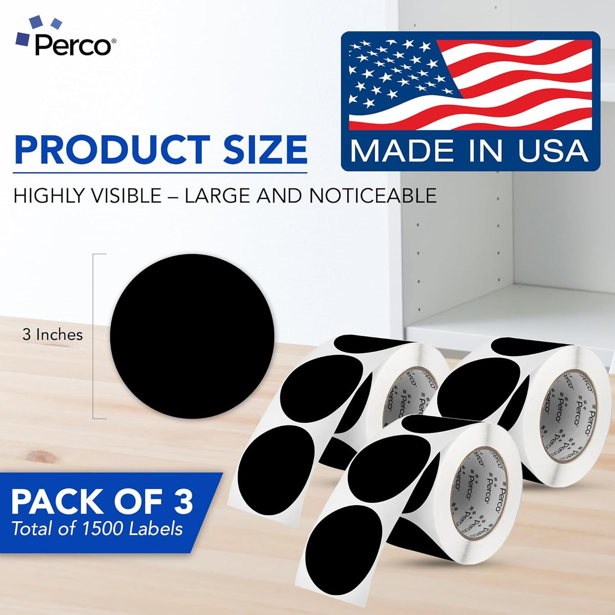 Perco Black 3-Inch Round Circle Dot Sticker Labels - Multi-Roll Pack (3 Rolls, 500 Labels Each) - Permanent Adhesive, Vibrant Colors, Strong Hold - Perforated for Easy Use - Made in USA
