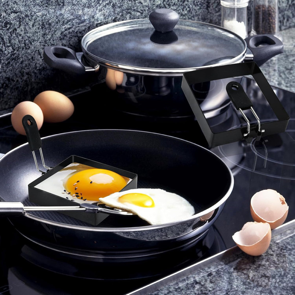 2-Pack 4'' Square Egg Rings Set, Silicone Handle, Stainless Steel, Nonstick, For Frying Eggs