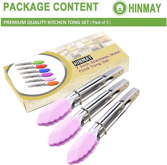 7-Inch Serving Tongs with Silicone Tips Clam Shell Mini Tongs, Set of 3 (Pink)